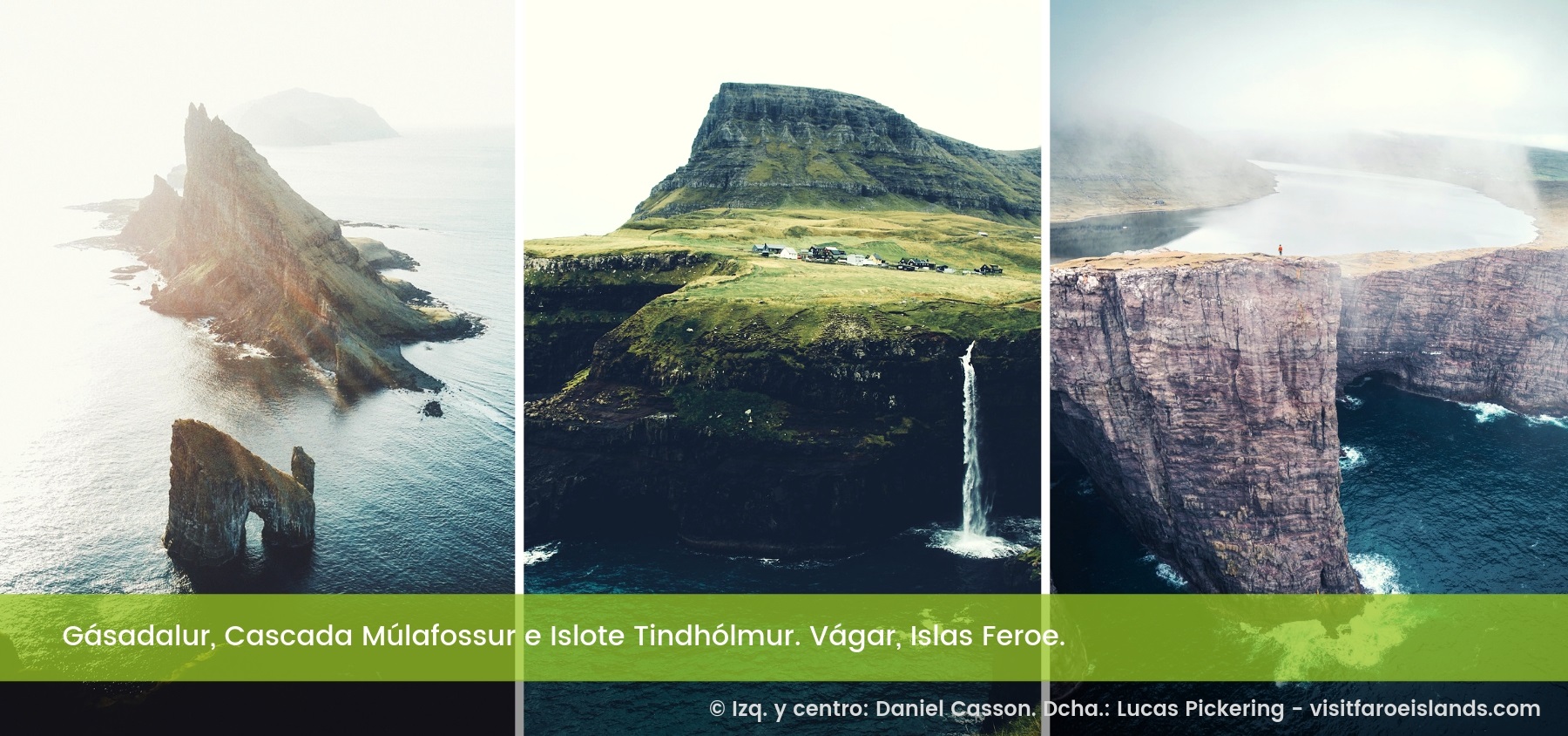 Gásadalur, Cascada Múlafossur e Islote Tindhólmur. Vágar, islas Feroe